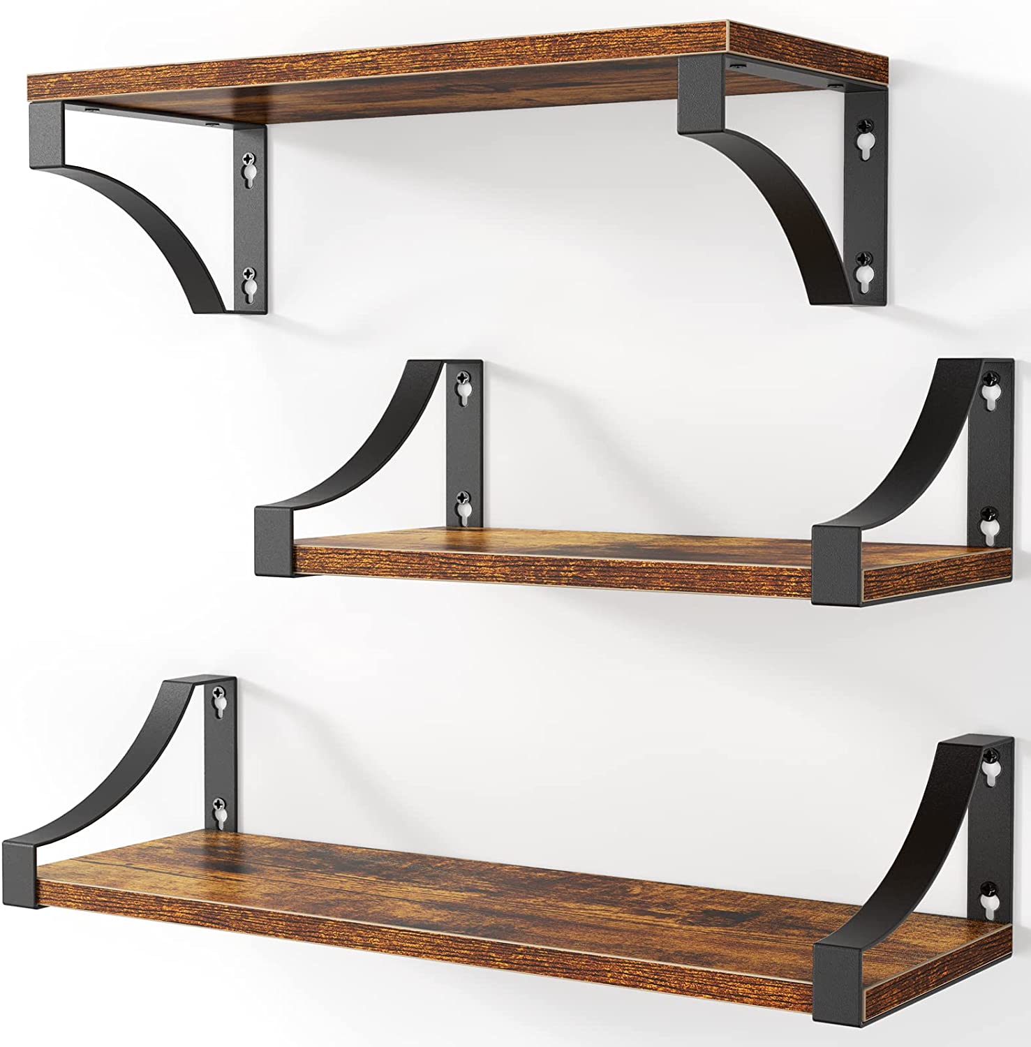 DS BS Rustic Wood Floating Shelves Wall Mounted Set of 3-Dark Brown