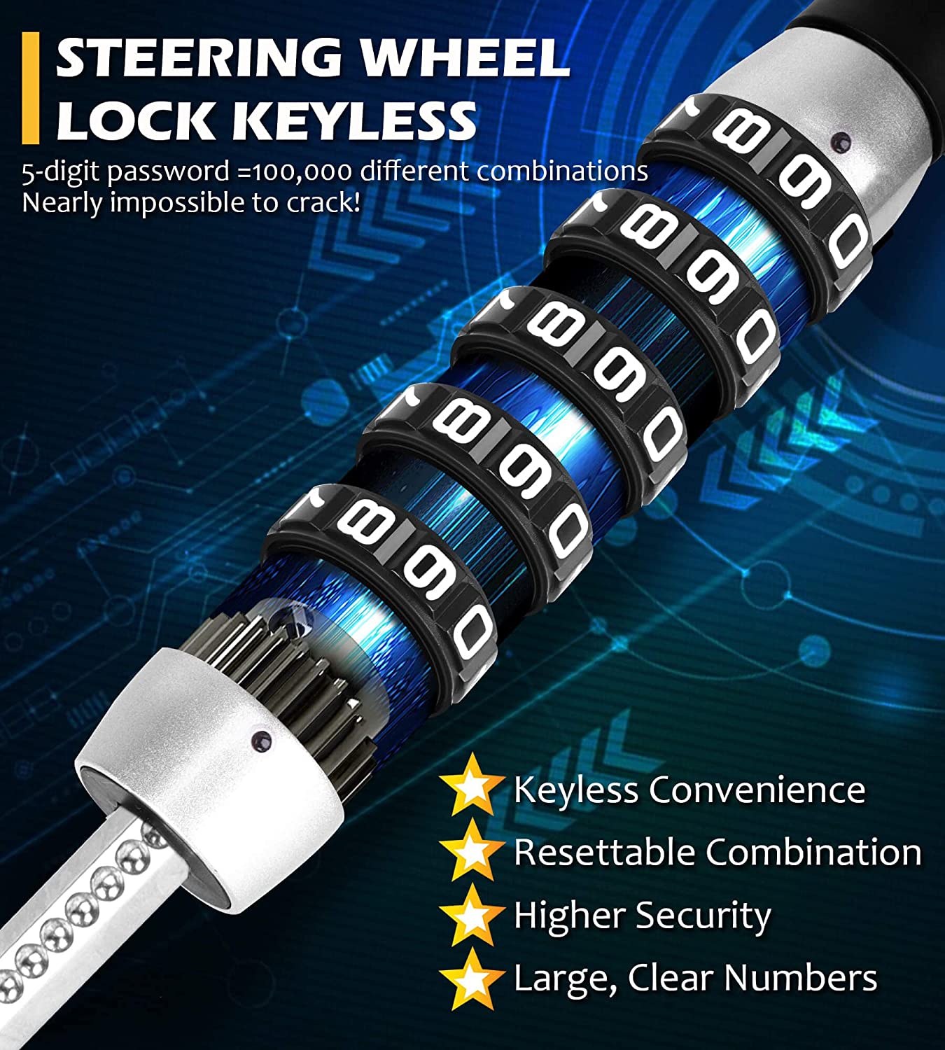 DS BS Anti-Theft Retractable Steering Wheel Lock Keyless Password Lock