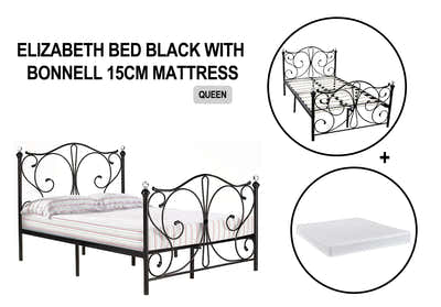 Elizabeth Black Bed with Bonnell Mattress Combo - Queen