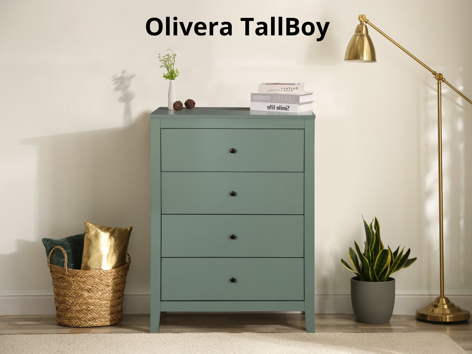Olivera 4-Drawer Tallboy - Green | Home Storage Dress | TSB Living NZ Olivera 4-Drawer Tallboy - Green | Home Storage Dress | TSB Living NZ