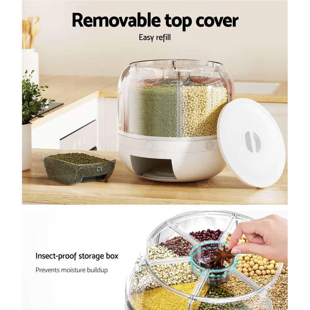DS NA 6-In-1 Cereal Dispenser Rotating Grain 10KG Rice Storage Dry Food Box