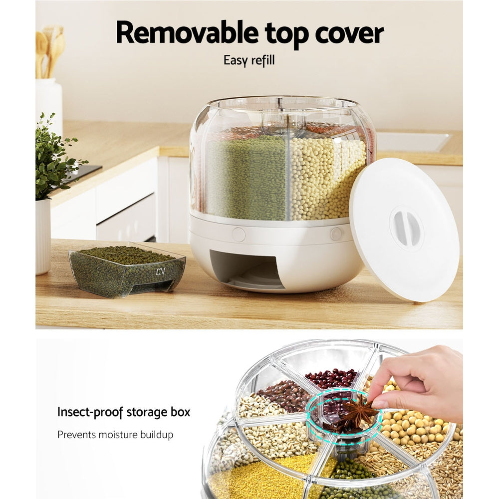 DS NA 6-In-1 Cereal Dispenser Rotating Grain 10KG Rice Storage Dry Food Box