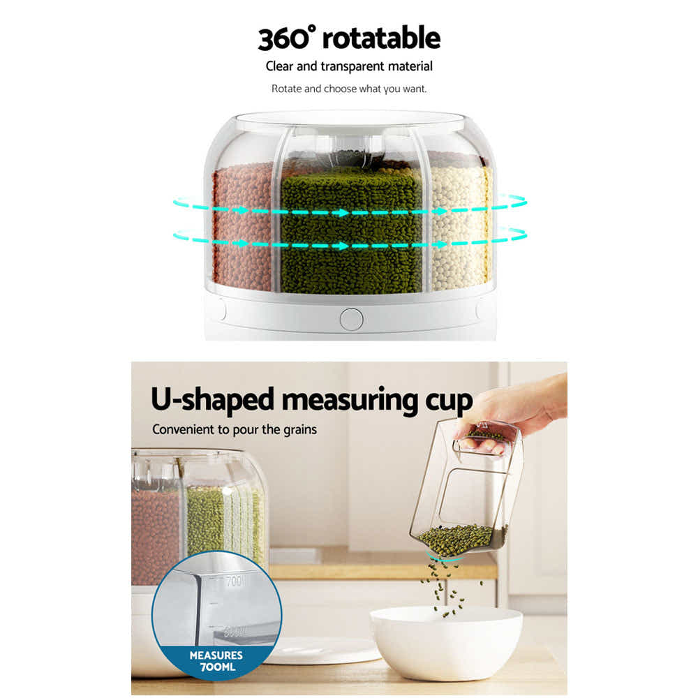 DS NA 6-In-1 Cereal Dispenser Rotating Grain 10KG Rice Storage Dry Food Box