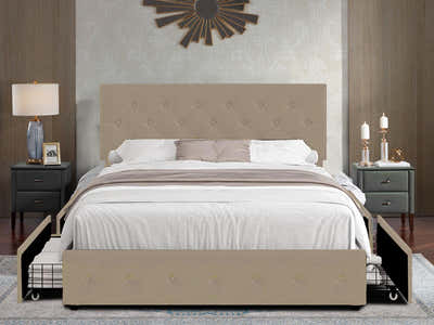 Norian Metal Storage Bed Frame PU Double Beige