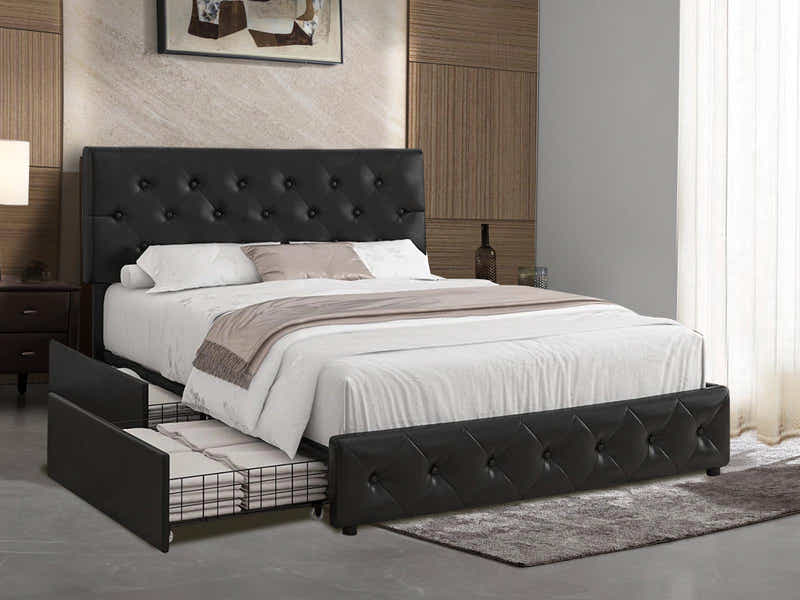 Norian Metal Storage Bed Frame PU Double Black