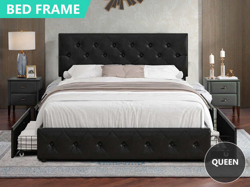 T Norian Metal Storage Bed Frame PU Queen Black