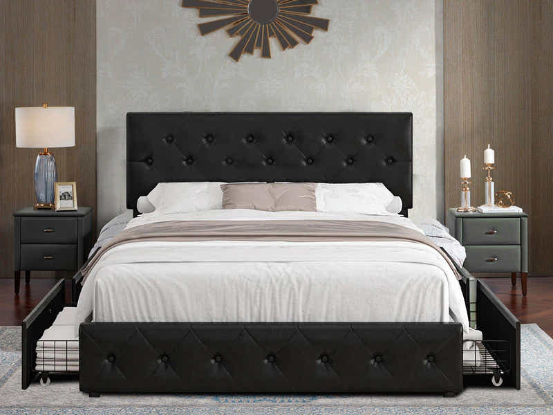 T Norian Metal Storage Bed Frame PU Queen Black