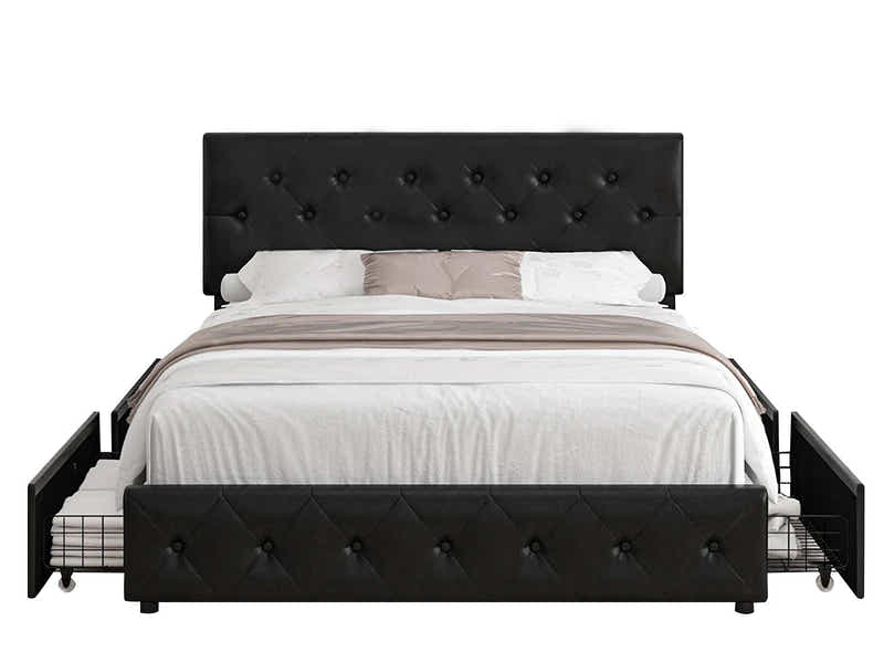 T Norian Metal Storage Bed Frame PU Queen Black
