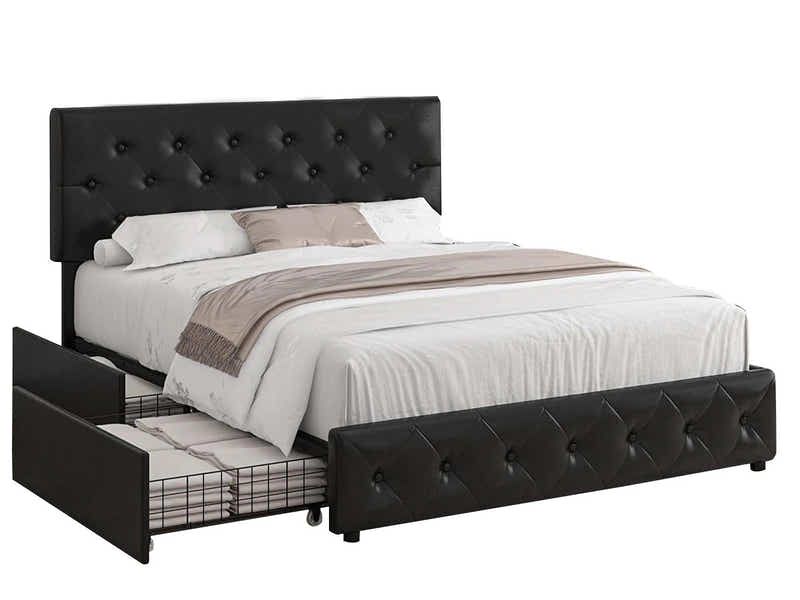 T Norian Metal Storage Bed Frame PU Queen Black