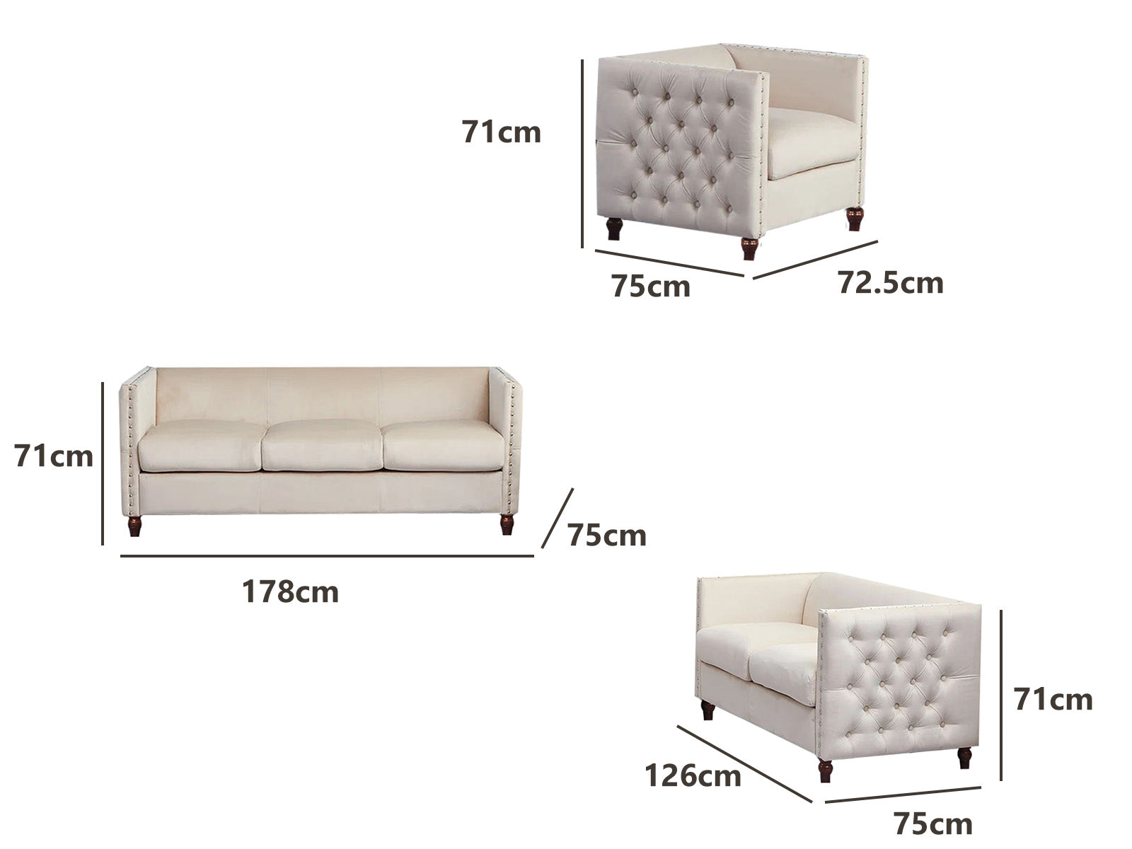 Abbey Sectional Sofa Set - Velvet Beige