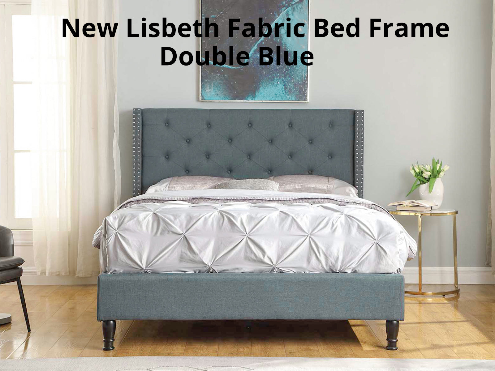 T New Lisbeth Fabric Bed Frame Double Blue