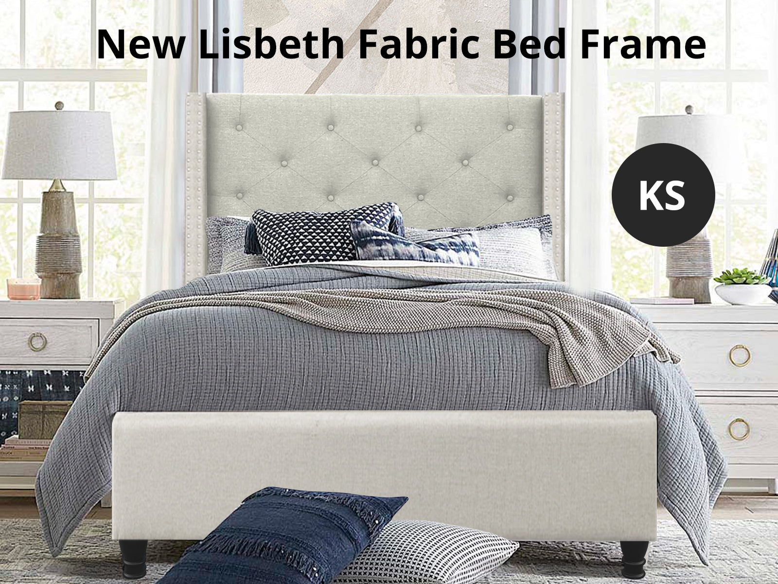 T New Lisbeth Fabric Bed Frame King Single Beige