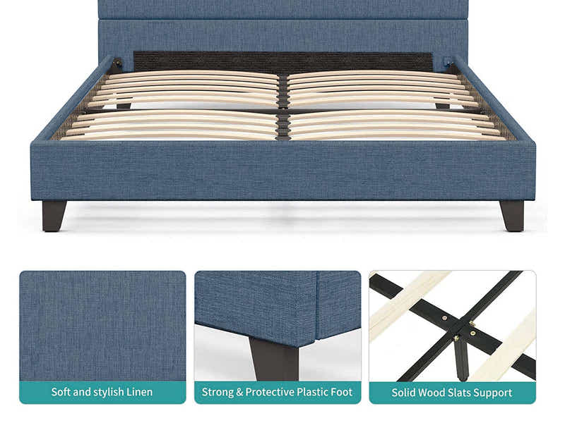 T Neora Linen Bed Frame Queen Dark Blue