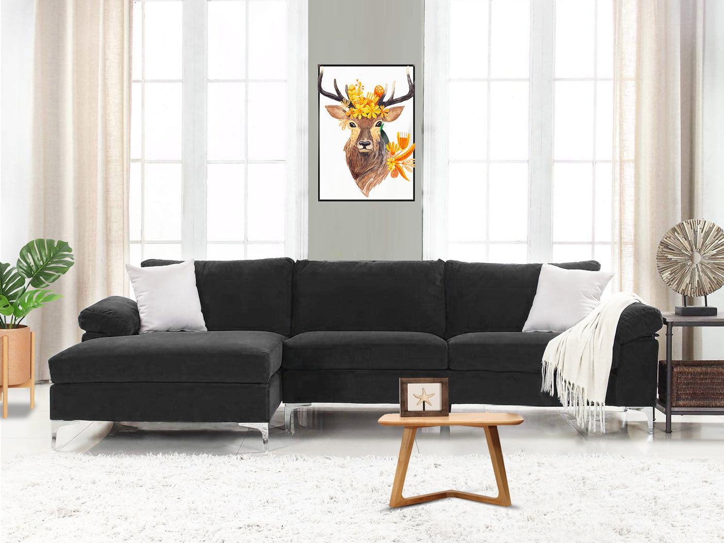 New Ronni Sectional Sofa with Left Chaise Velvet Black