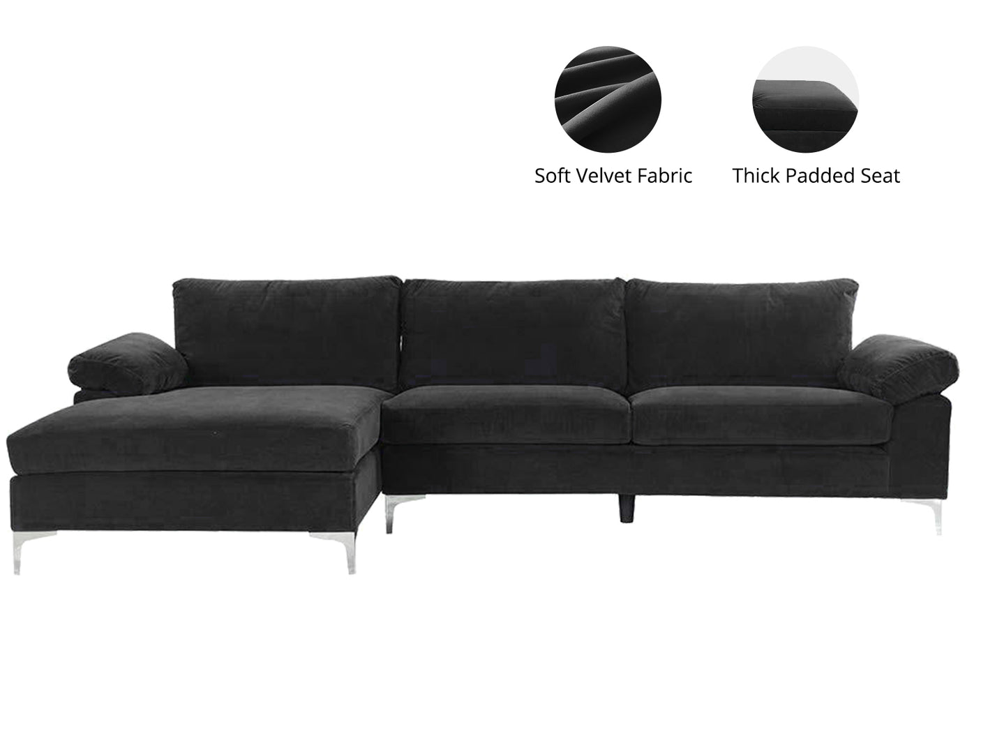 New Ronni Sectional Sofa with Left Chaise Velvet Black