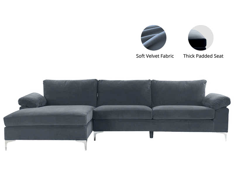 Ronni Velvet Sofa with Left Chaise - Dark Grey