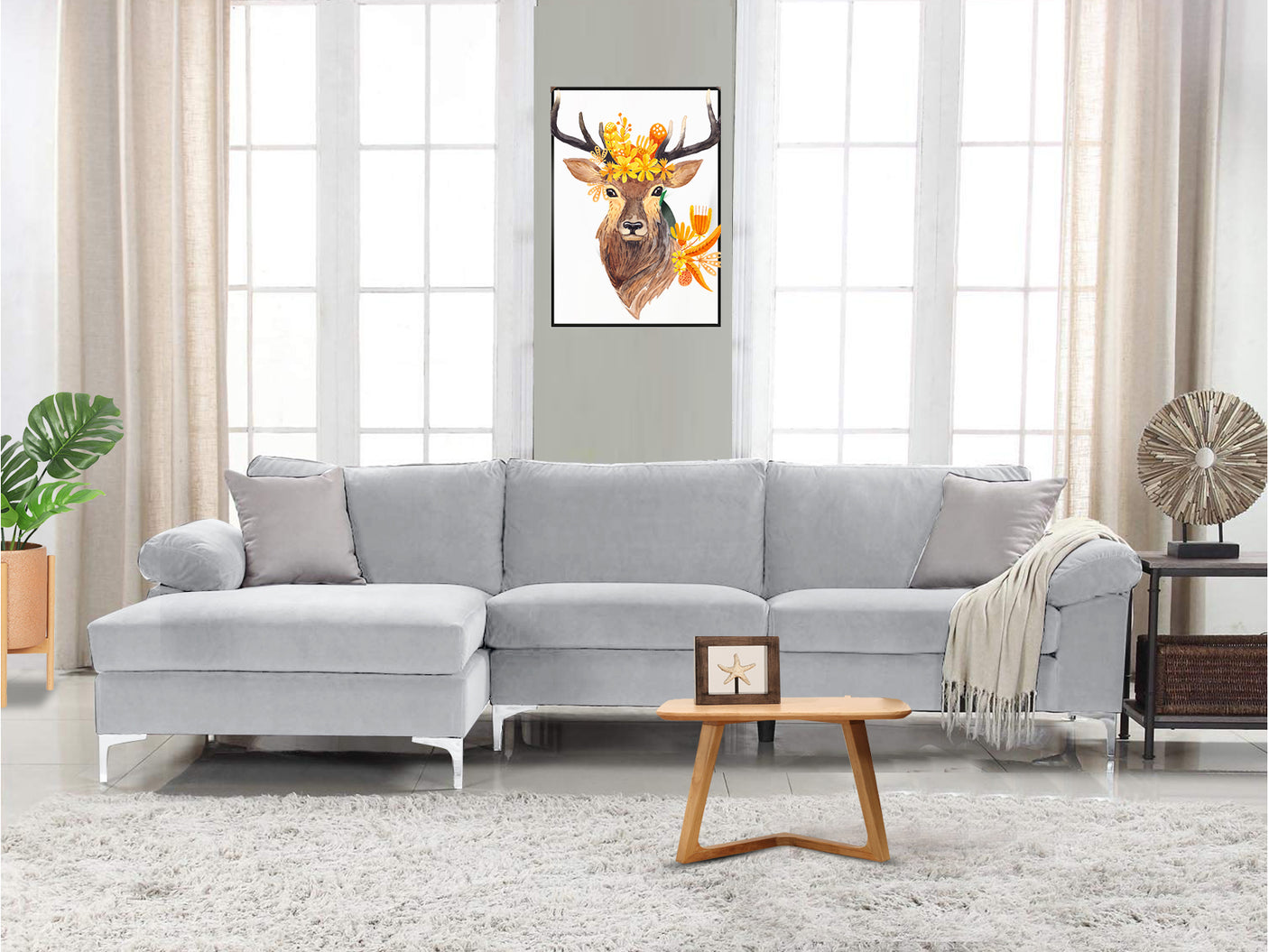 New Ronni Sectional Sofa with Left Chaise Velvet Grey