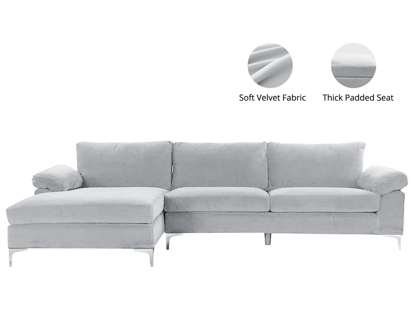 New Ronni Sectional Sofa with Left Chaise Velvet Grey