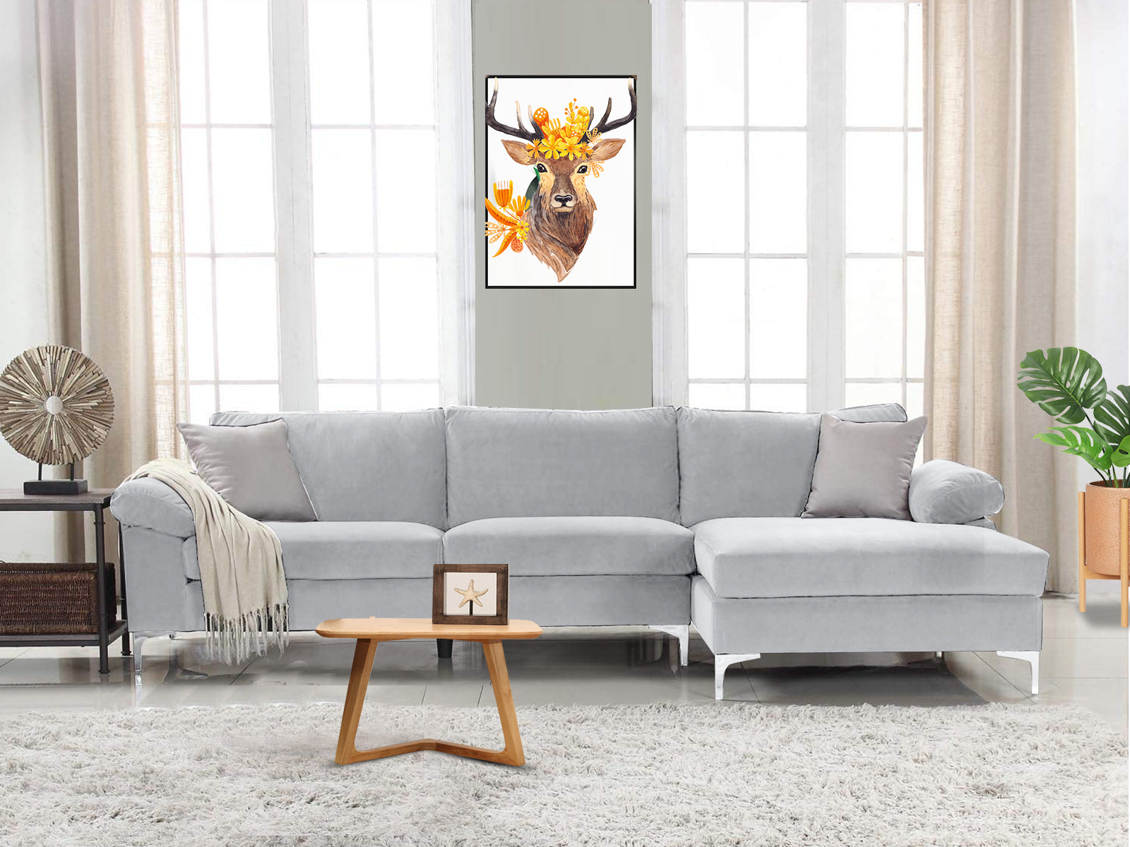 New Ronni Sectional Sofa with Right Chaise Velvet Grey