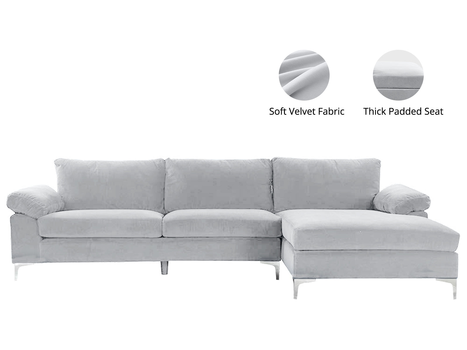 New Ronni Sectional Sofa with Right Chaise Velvet Grey
