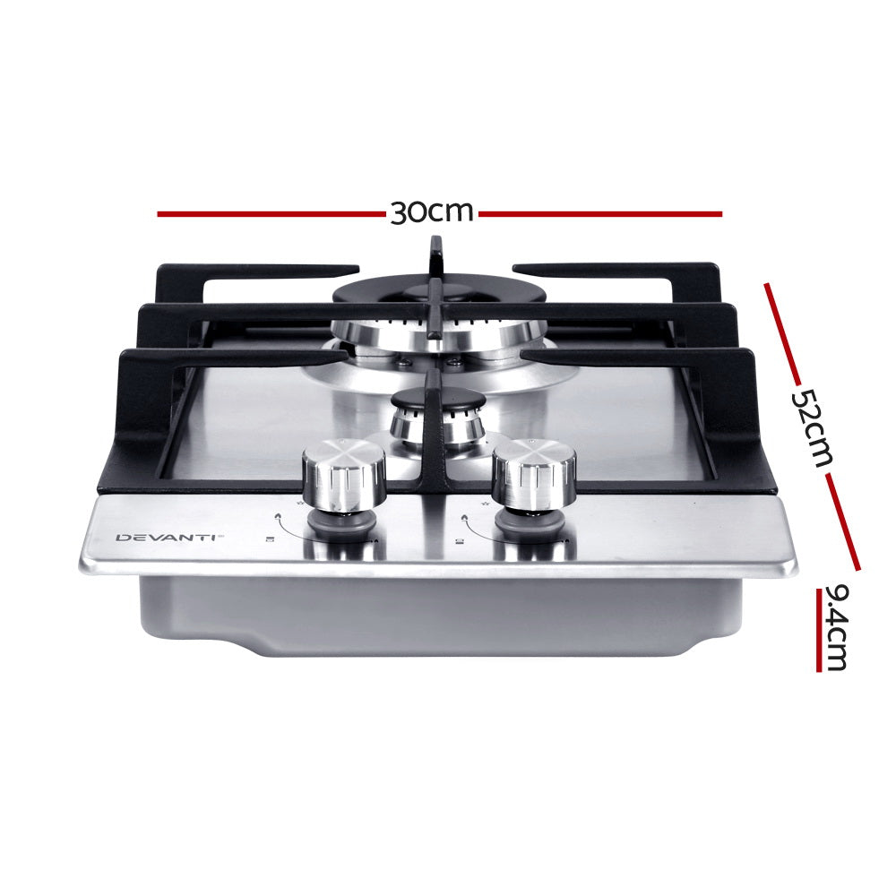 DS NA Gas Cooktop 30cm Gas Stove Cooker 2 Burner Cook Top Konbs NG LPG Steel