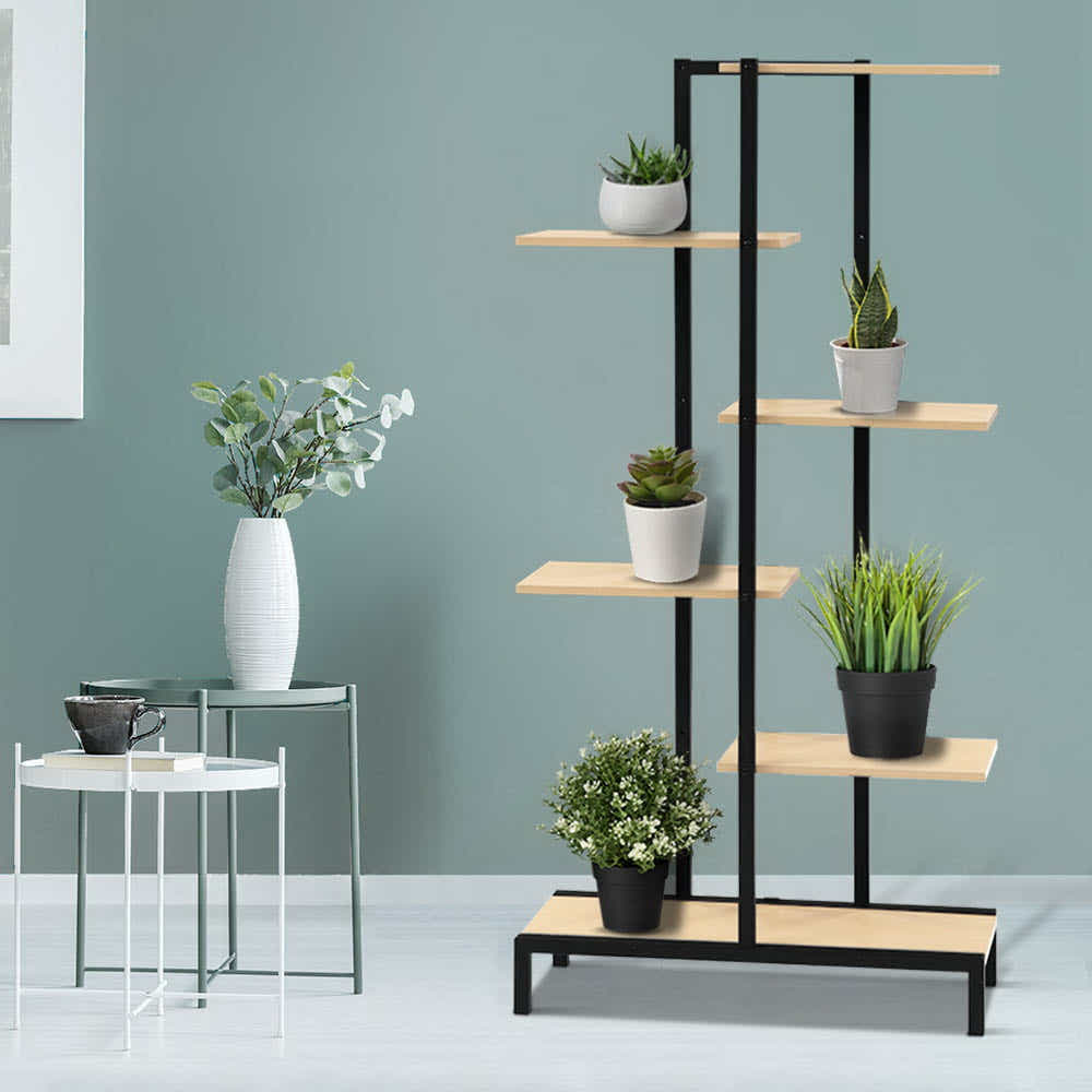 DS NA 6-tier Indoor Outdoor Metal Wood Plant Stand Garden Shelf Garden Display
