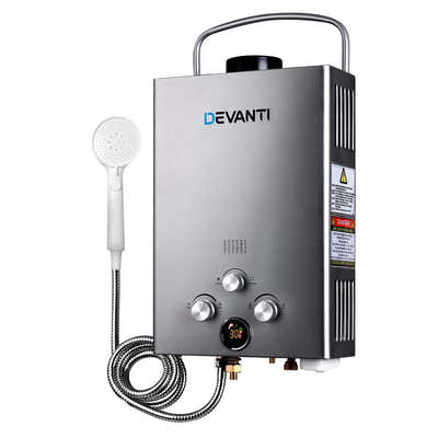 DS NA Devanti Portable Gas Water Heater 8LPM Outdoor Camping Shower Grey