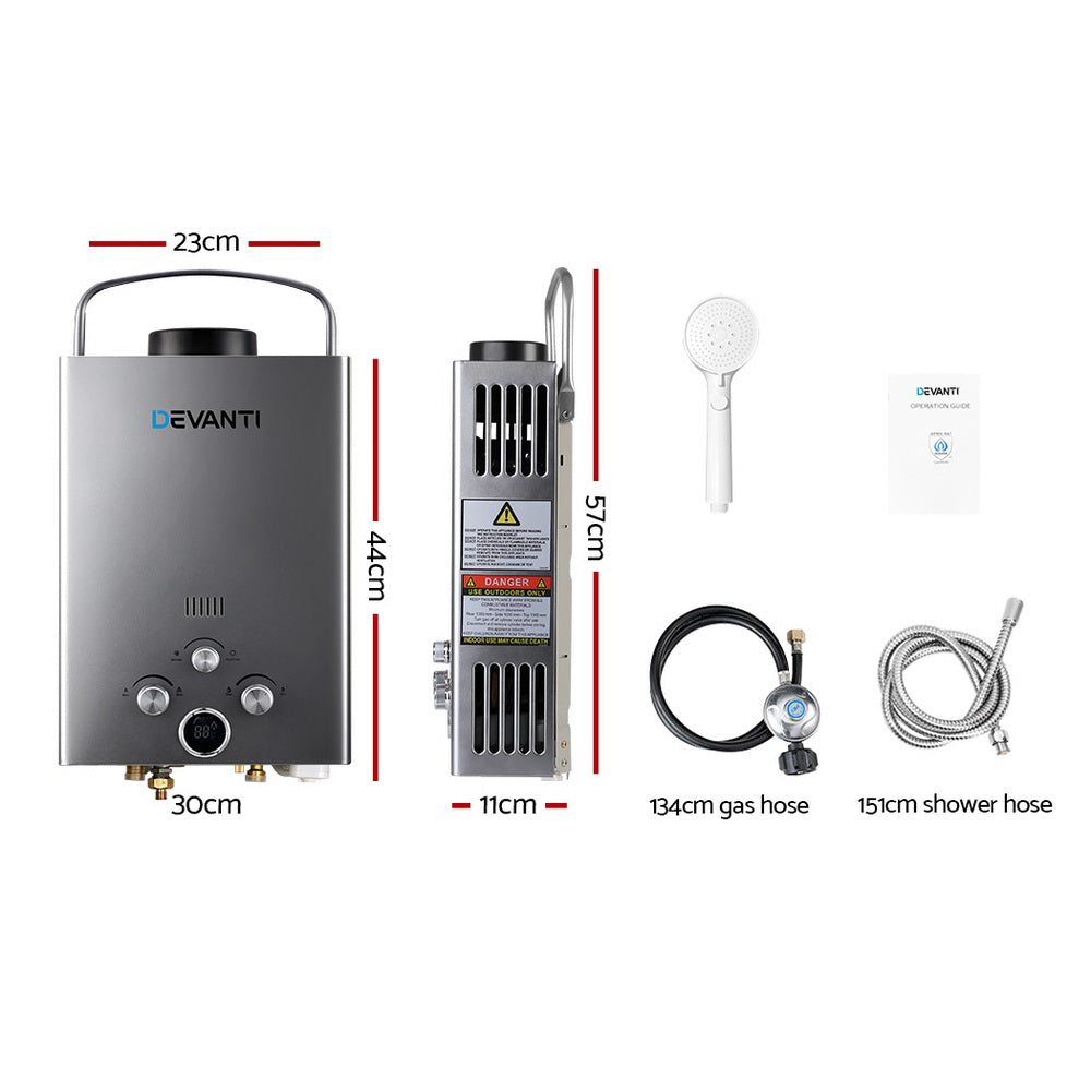 DS NA Devanti Portable Gas Water Heater 8LPM Outdoor Camping Shower Grey