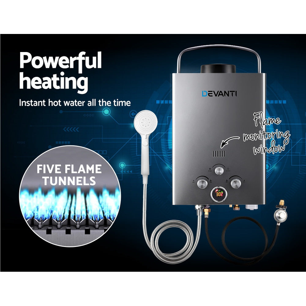 DS NA Devanti Portable Gas Water Heater 8LPM Outdoor Camping Shower Grey