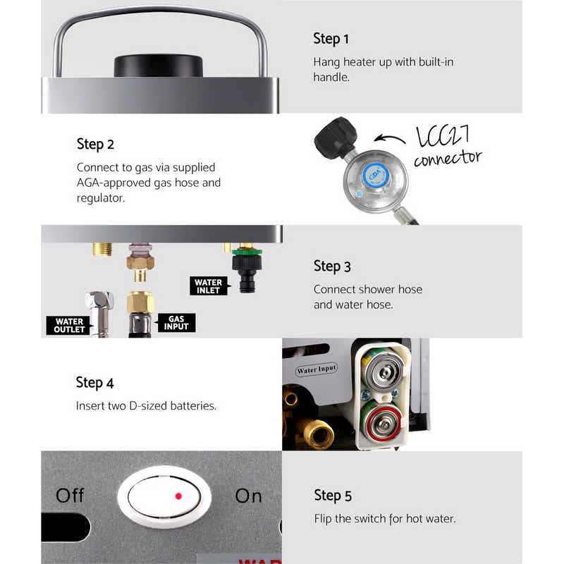 DS NA Devanti Portable Gas Water Heater 8LPM Outdoor Camping Shower Grey