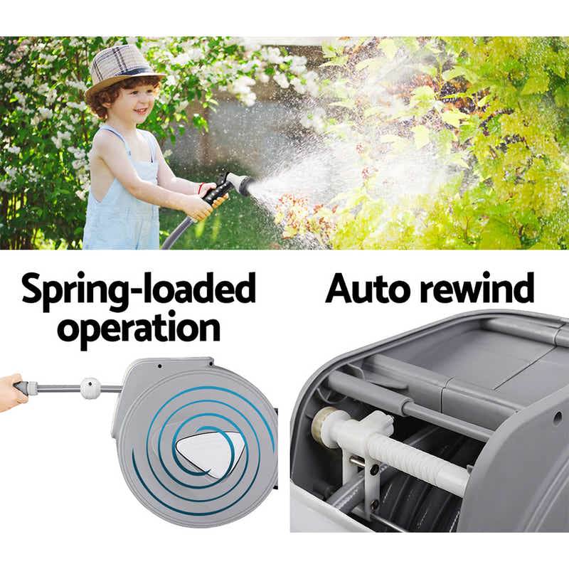 DS NA 20M Retractable Water Hose Reel Garden Storage AutoRewind Spray Gun