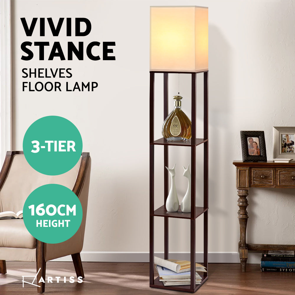 DS NA Shelf Floor Lamp Vintage Wood Reading Light Storage Organizer Home Office