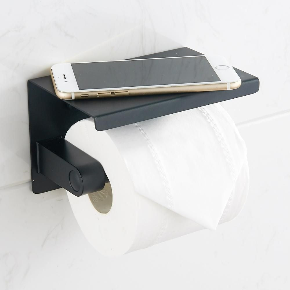 DS BS Stainless Steel Toilet Paper Roll Holder with Shelf-Black