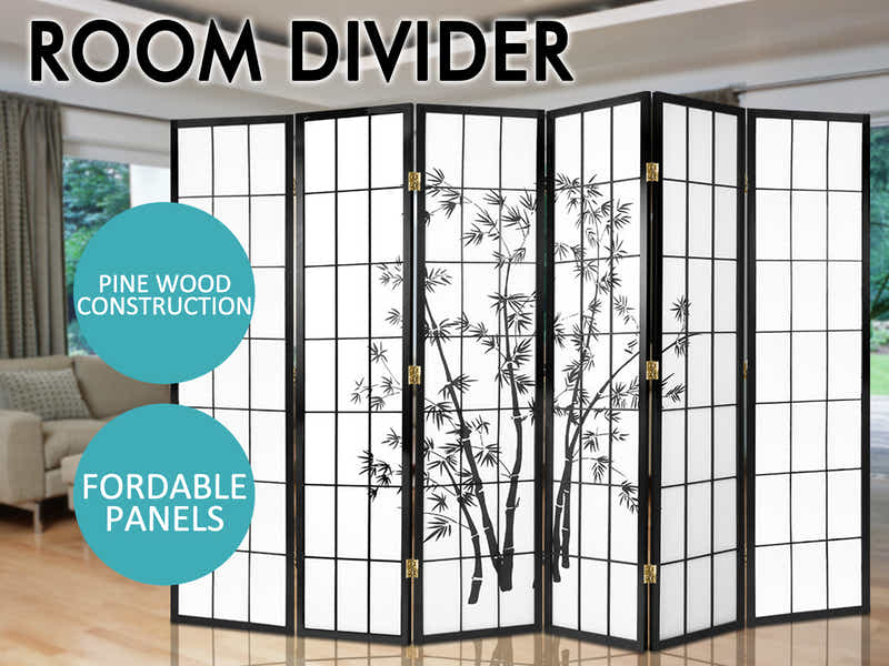 6-Panel Room Divider with Bamboo Pattern - Black