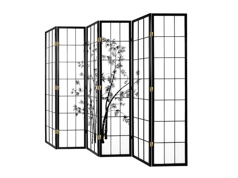 6-Panel Room Divider with Bamboo Pattern - Black