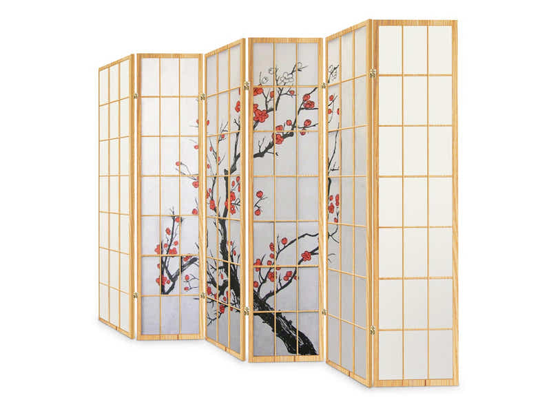 6-Panel Room Divider with Flower Pattern - Natural Wood