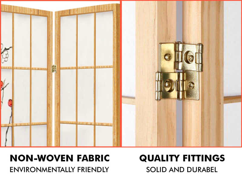 6-Panel Room Divider with Flower Pattern - Natural Wood