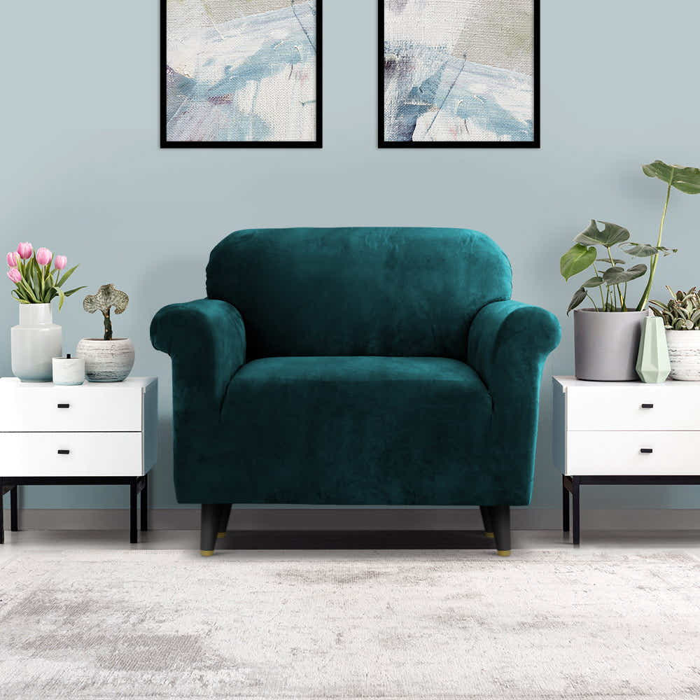 DS NA Velvet Sofa Cover Plush Couch Cover Lounge Slipcover 1 Seater Agate Green