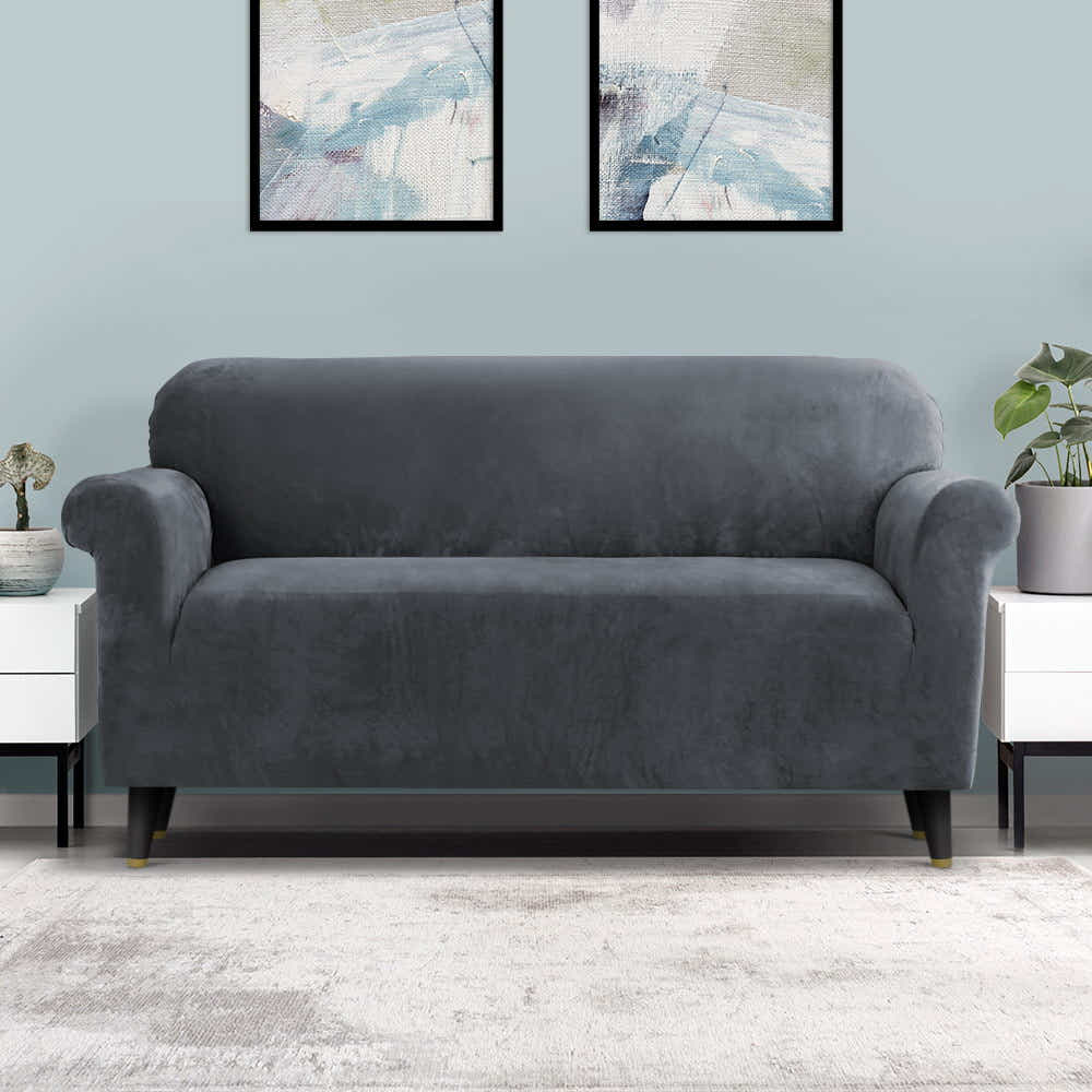 DS NA Artiss Velvet Sofa Cover Plush Couch Cover Lounge Slipcover 3 Seater Grey