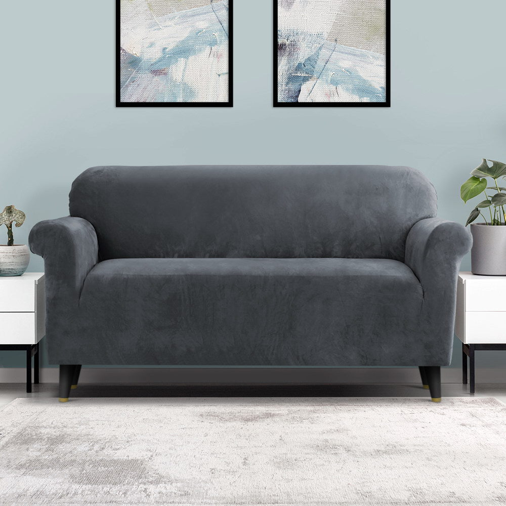 DS NA Artiss Velvet Sofa Cover Plush Couch Cover Lounge Slipcover 3 Seater Grey