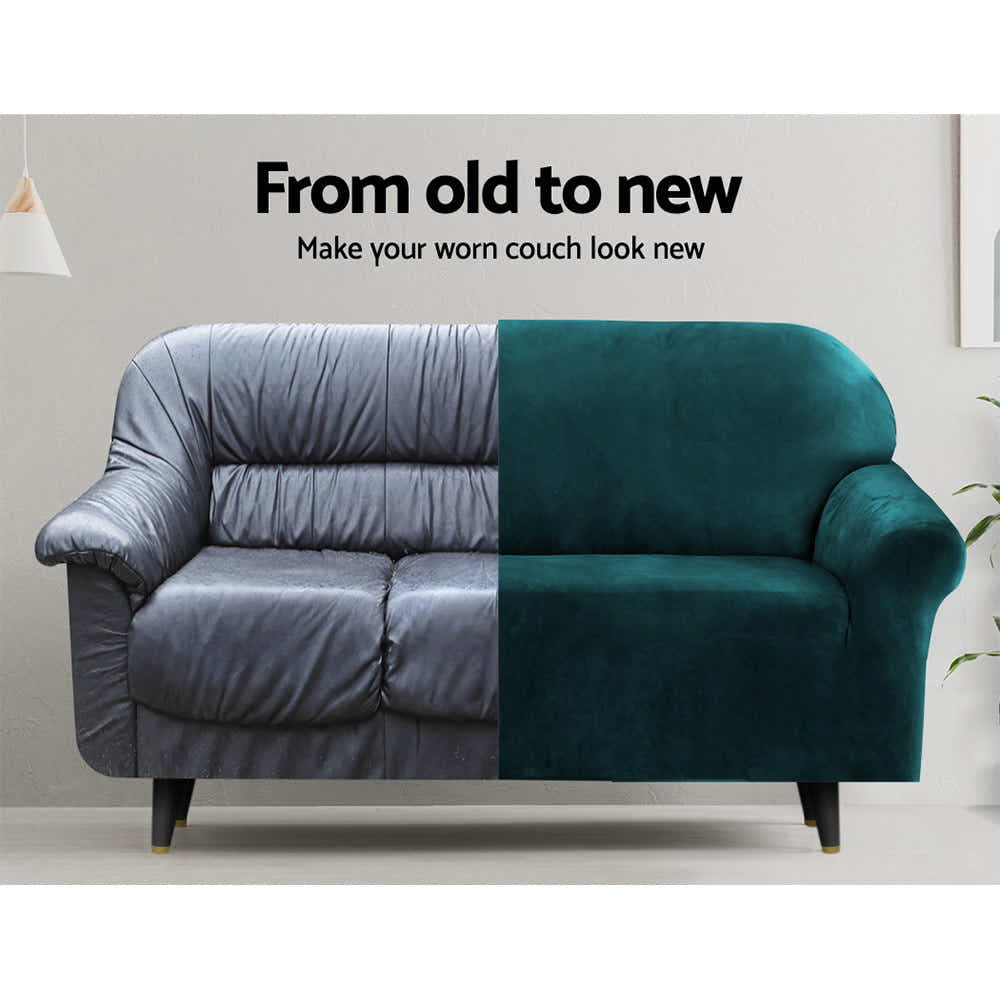 DS NA Velvet Sofa Cover Plush Couch Cover Lounge Slipcover 4 Seater Agate Green