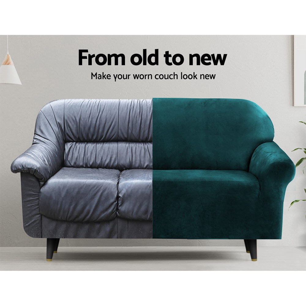DS NA Velvet Sofa Cover Plush Couch Cover Lounge Slipcover 4 Seater Agate Green