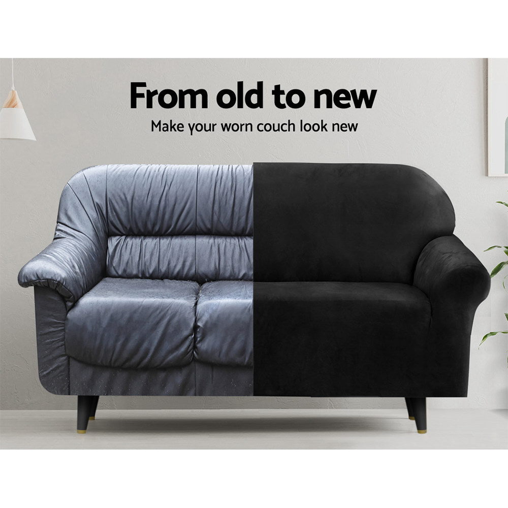 DS NA Artiss Velvet Sofa Cover Plush Couch Cover Lounge Slipcover 4 Seater Black