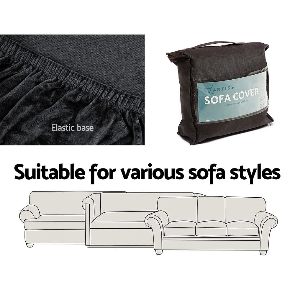 DS NA Artiss Velvet Sofa Cover Plush Couch Cover Lounge Slipcover 4 Seater Black