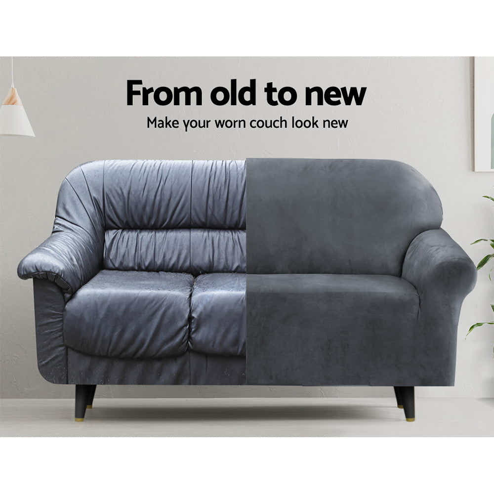 DS NA Artiss Velvet Sofa Cover Plush Couch Cover Lounge Slipcover 4 Seater Grey