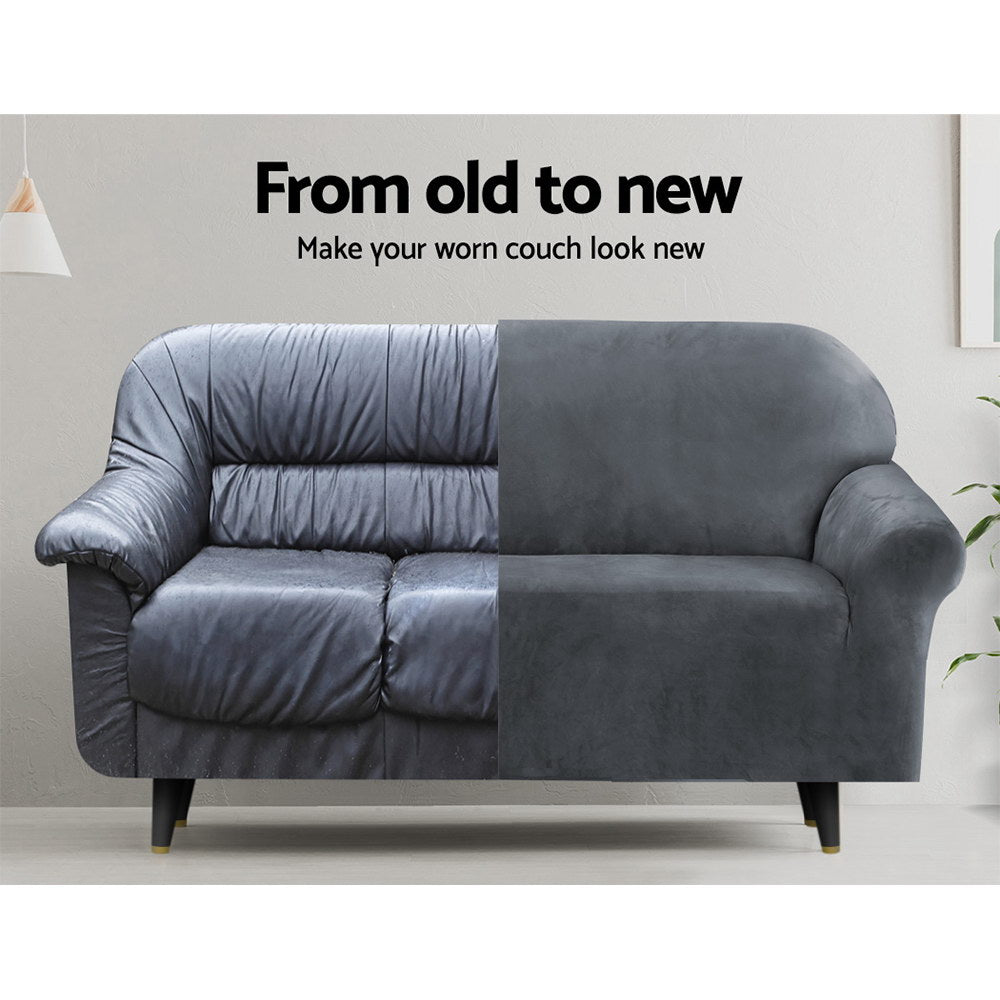 DS NA Artiss Velvet Sofa Cover Plush Couch Cover Lounge Slipcover 4 Seater Grey