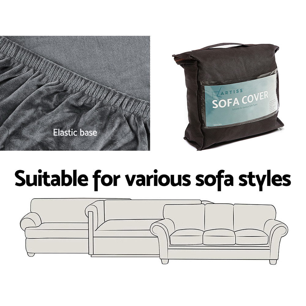 DS NA Artiss Velvet Sofa Cover Plush Couch Cover Lounge Slipcover 4 Seater Grey