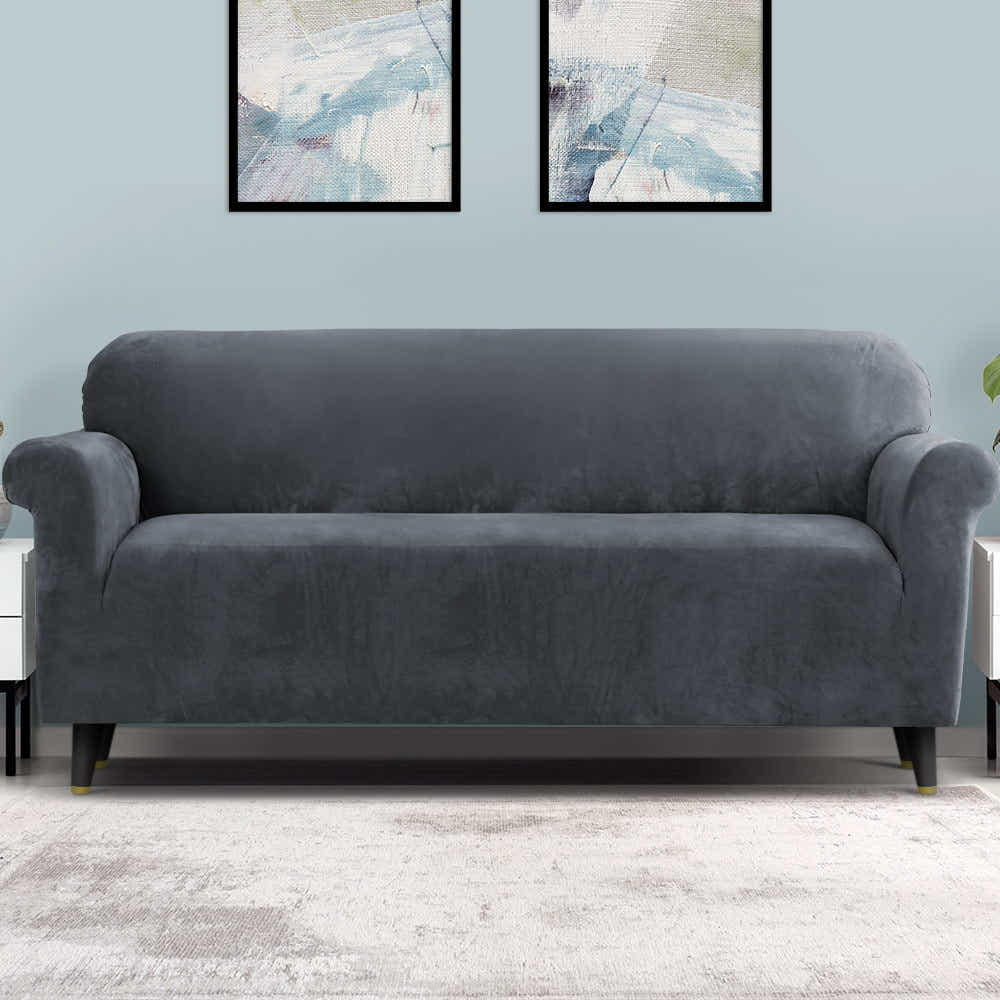 DS NA Artiss Velvet Sofa Cover Plush Couch Cover Lounge Slipcover 4 Seater Grey