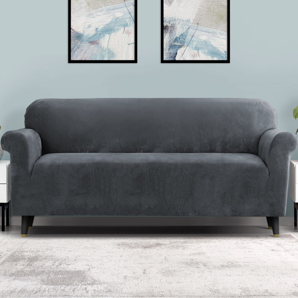 DS NA Artiss Velvet Sofa Cover Plush Couch Cover Lounge Slipcover 4 Seater Grey