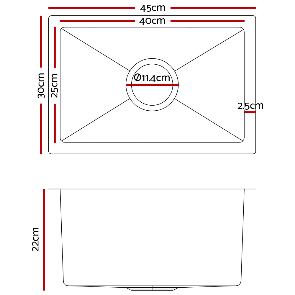 DS NA 30cm x 45cm Stainless Steel Kitchen Sink Under/Top/Flush Mount Silver